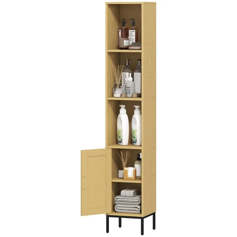 Tall Bathroom Cabinet with Open Shelves, Natural Wood Effect