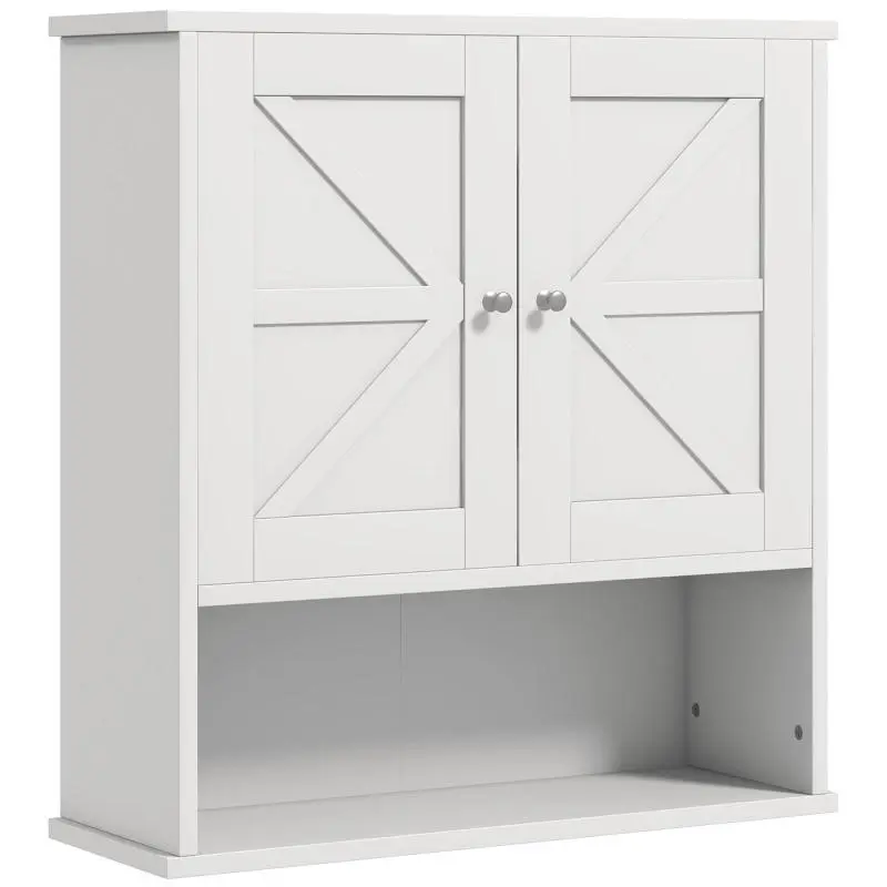 Wall Mounted Bathroom Cabinet, Rustic Hanging Bathroom Furniture with Compartment, Adjustable Shelf, 2 Doors, White
