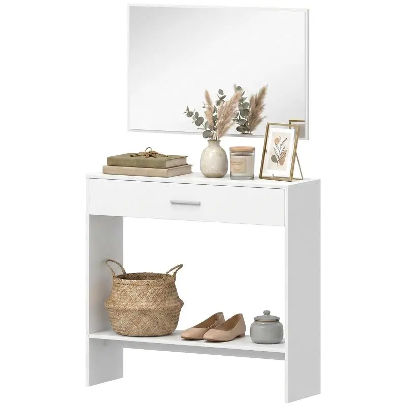 Hallway Console Table with Mirror, Drawer and Shelf, Hallway Furniture, 91.5x27.9x85.5 cm, White