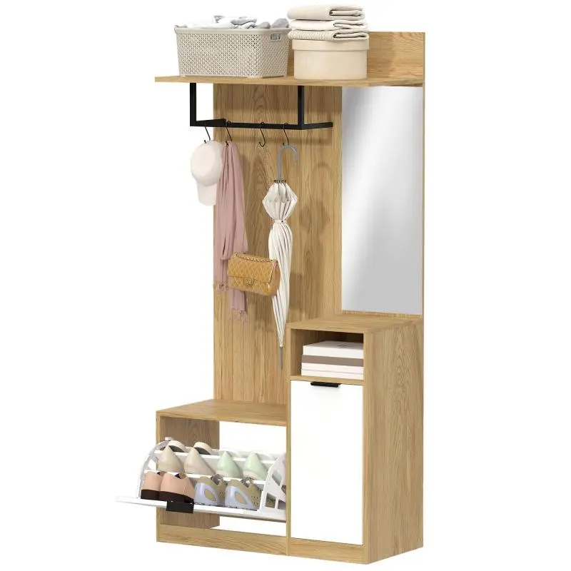 Entryway Coat Rack with Shoe Cabinet and Mirror