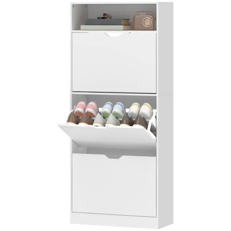 Narrow Shoe Cabinet with 3 Drop-Down Drawers, Adjustable Shelves and Open Compartment, Capacity for 12-18 Pairs, White