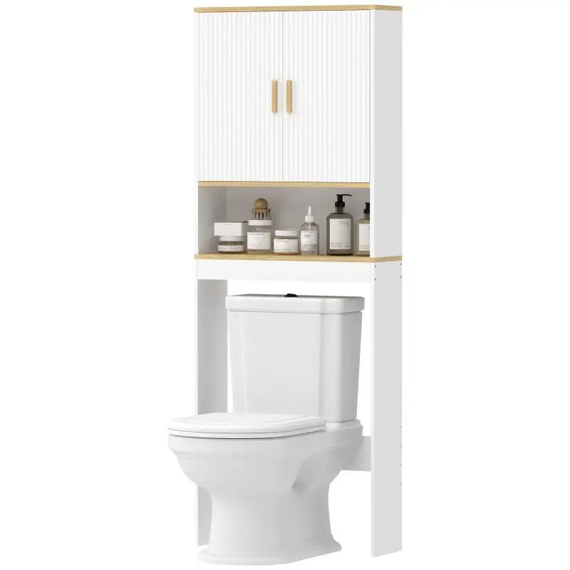 3-Tier Over-the-Toilet Bathroom Shelf with Open Shelf, 2 Doors and Adjustable Shelf, 64x20x170.5 cm, White