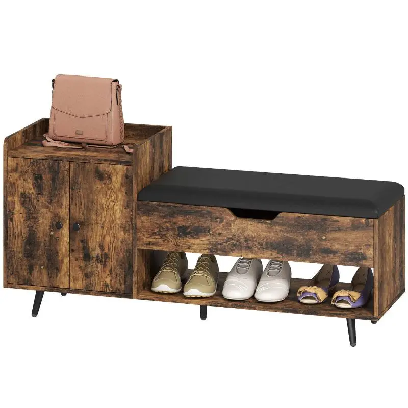 Industrial Shoe Bench with Padded Seat, Hidden Compartment, Shelves, and Doors, 127x35x59 cm, Rustic Brown