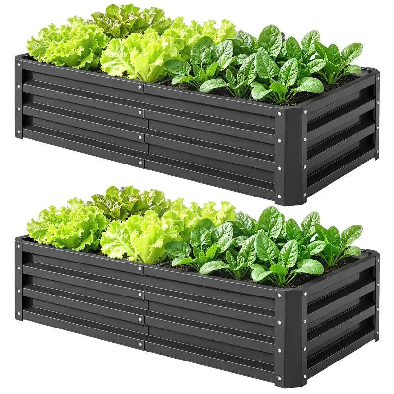 Set of 2 Rectangular Raised Garden Beds, Grey