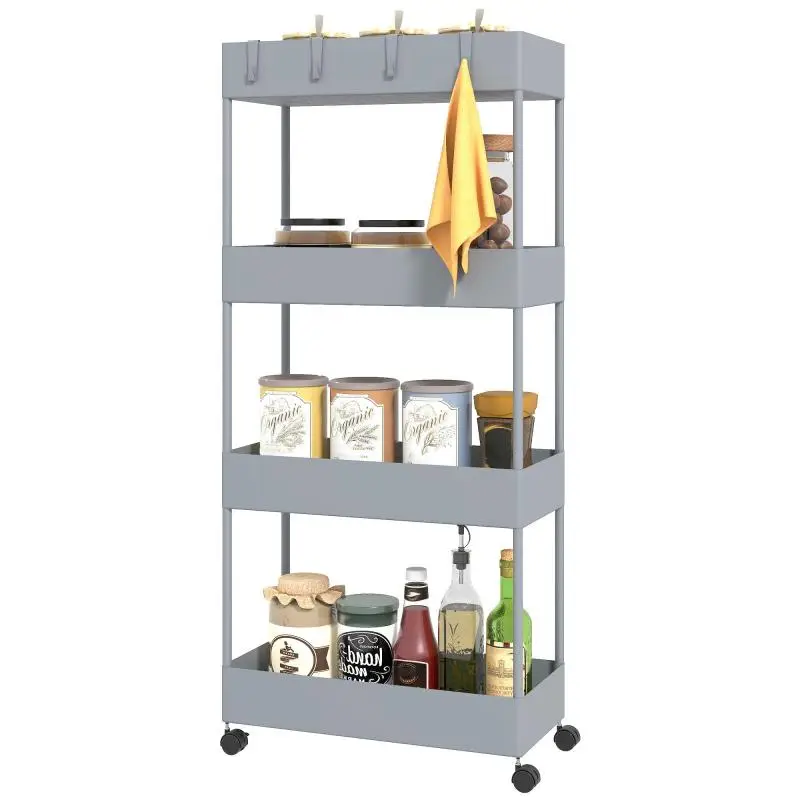 Kitchen Trolley with 4 Shelves, 4 Hooks
