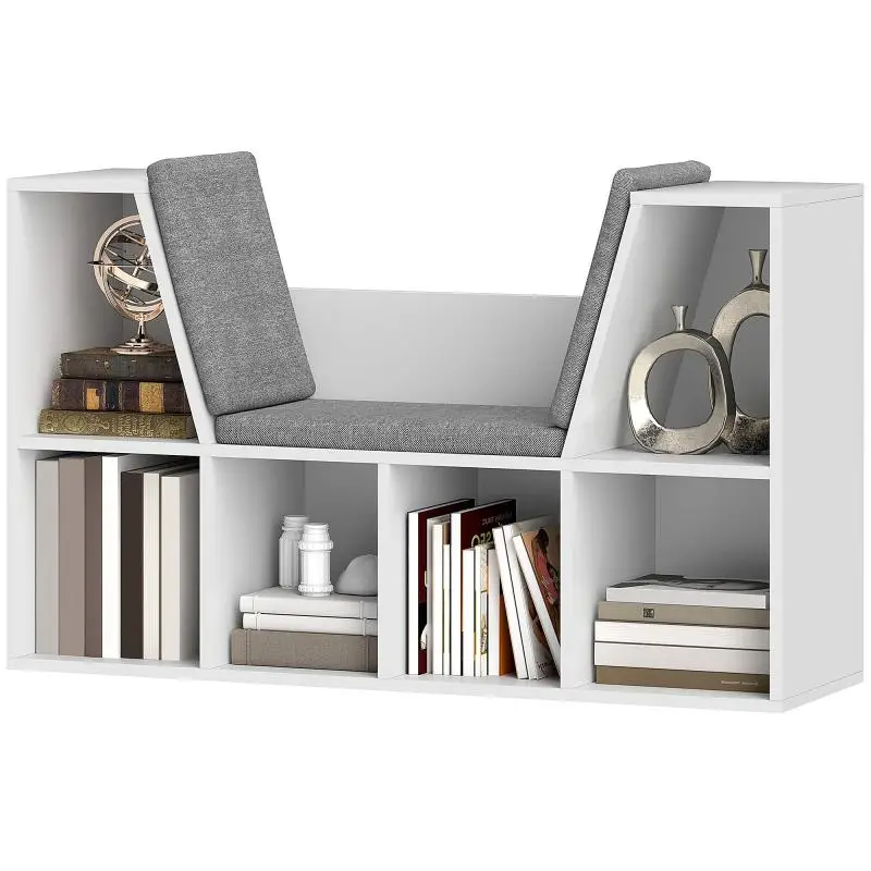 Bookcase with Seat, 6 Compartments, White