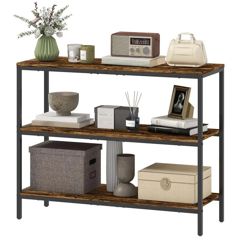 Console Table with 3-Tier Shelf, Rustic Brown