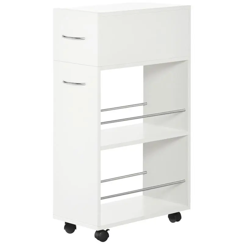 Particleboard and Stainless Steel Kitchen Cart with 2 Open Shelves, Pull-Out Drawer, and Guardrails, 25x50x85 cm