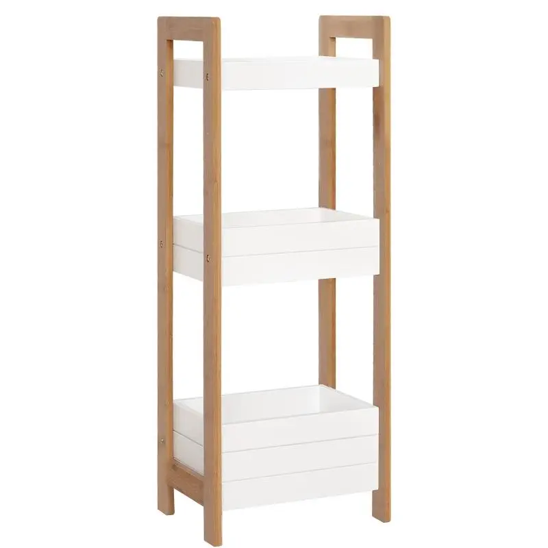 Multipurpose Bathroom Cabinet, Compact 3-Tier Bathroom Shelf (MDF and Bamboo), White, 27.5 x 20.8 x 74 cm