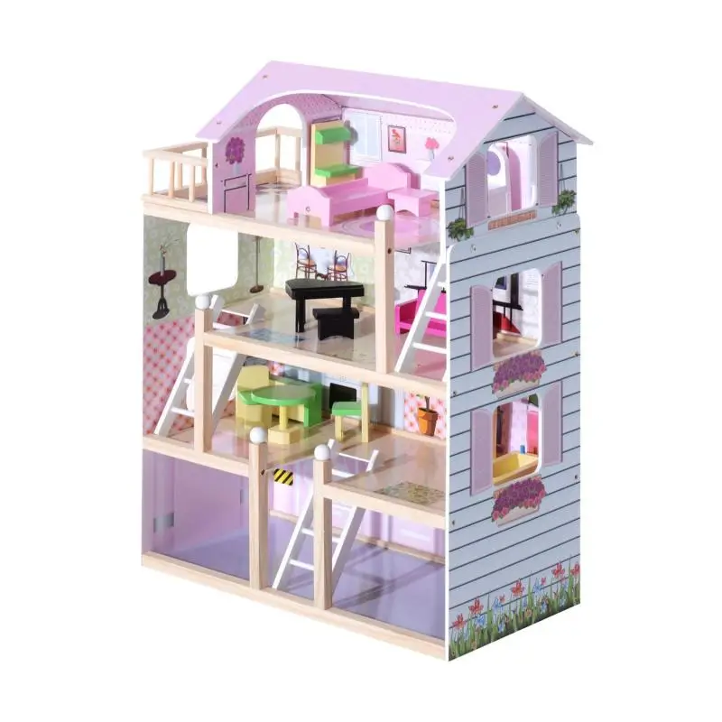 4-Storey Wooden Dollhouse with 13 Accessories