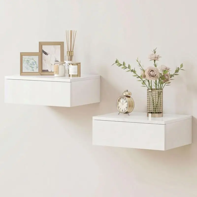 Set of 2 Wall-Mounted Nightstands with Drawer, White