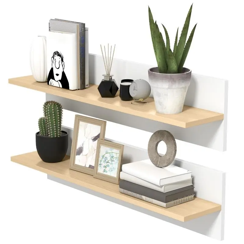 Set of 2 Floating Wall Shelves, White and Natural Wood