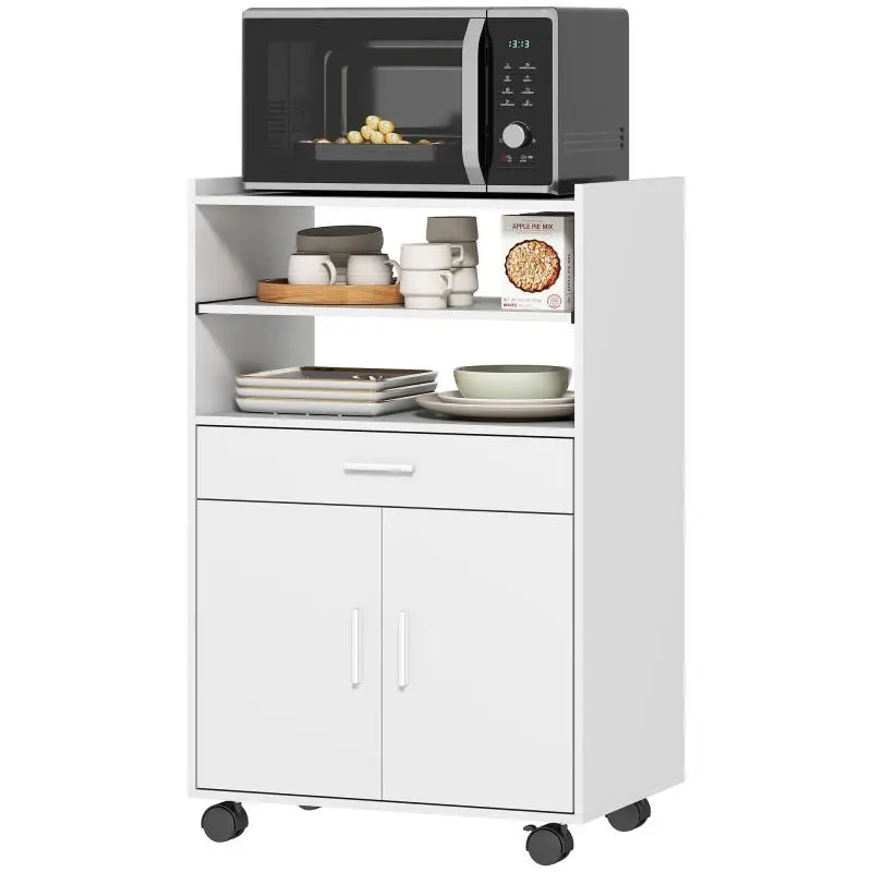 Microwave cabinet, shelf, double door cabinet, drawer, casters, white
