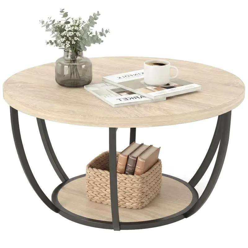 Round Coffee Table with 2 Storage Shelves, Metal Legs, Rounded Edges, Oak and Black