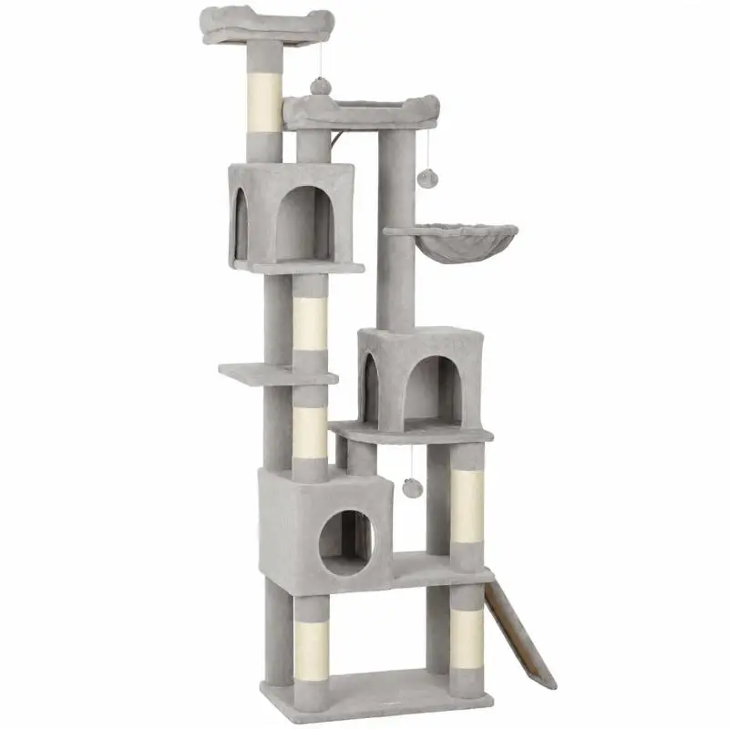 200cm Cat Scratching Tree with 6 Sisal Scratching Posts, 2 Kennels, 3 Playhouses, Hammock, Light Grey