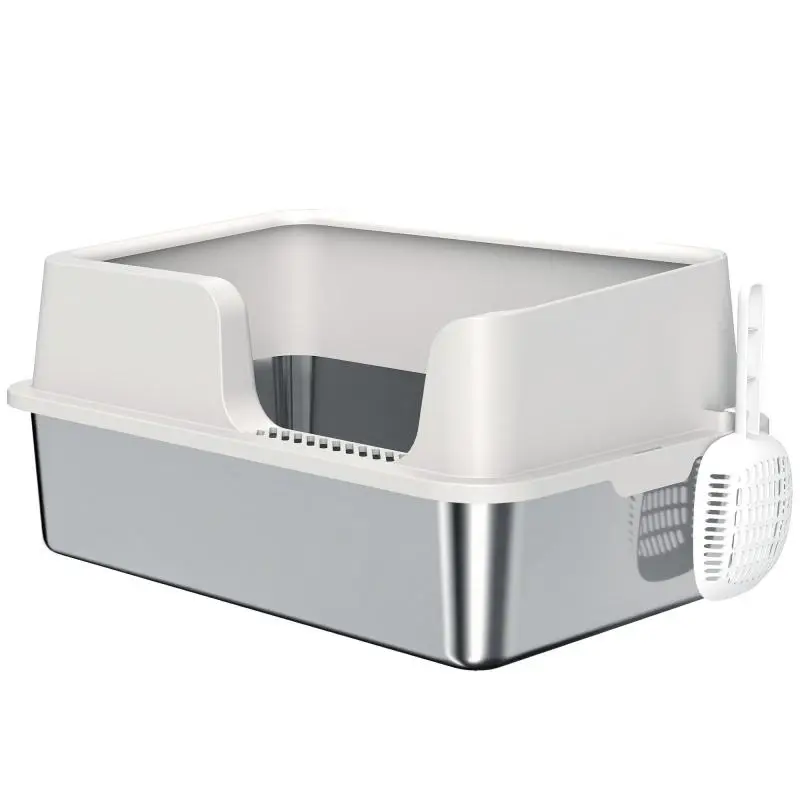 XL Stainless Steel Cat Litter Box, Large Cat Litter Box with High Rim and Scoop, Light Gray