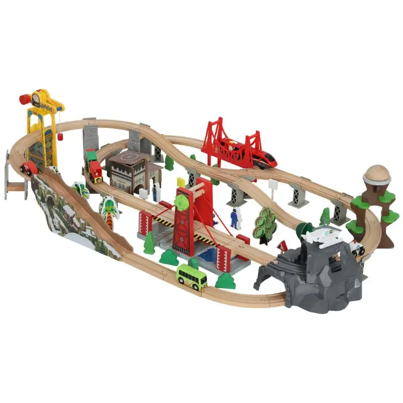 Wooden Train Set, 100 Pieces, Magnetic Crane