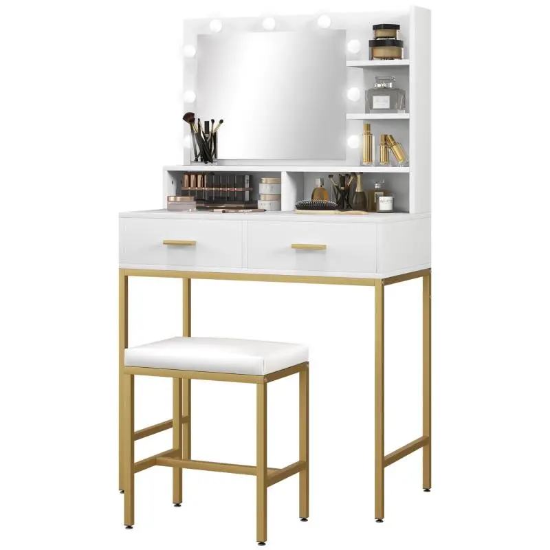 Dressing Table with Mirror, 2 Drawers, 5 Shelves and Stool
