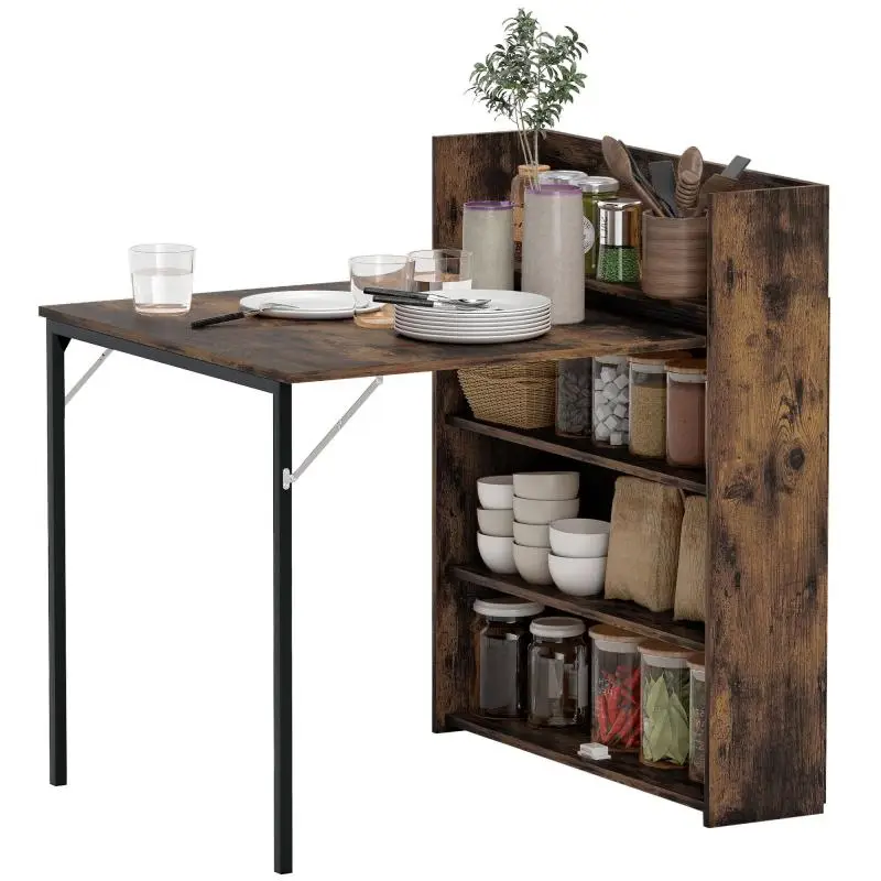 Foldable Dining Table with Shelf, Rustic Brown