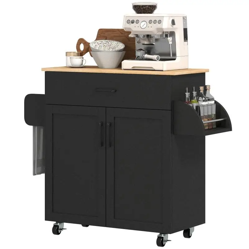 Kitchen Island with Drawer and 2-Door Cabinet, Black