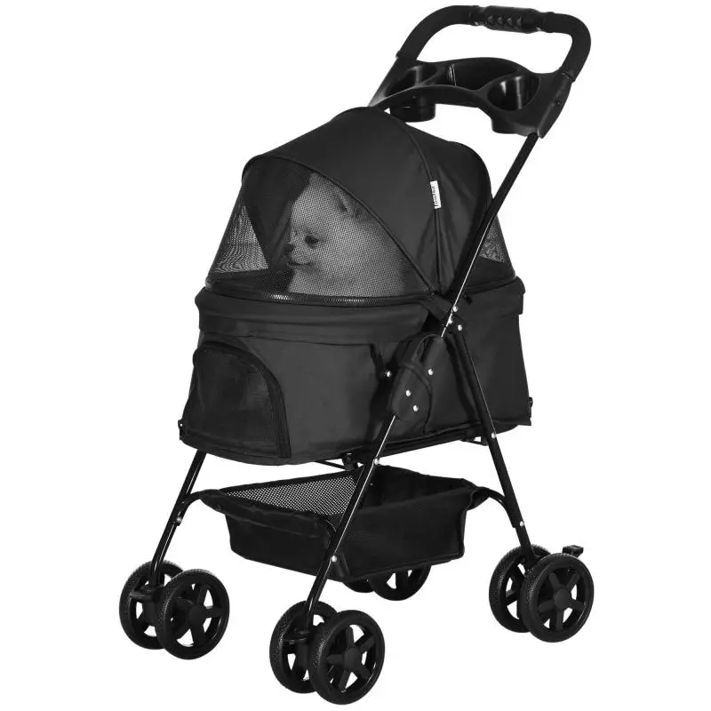 Foldable Pet Stroller with Basket and Cup Holders