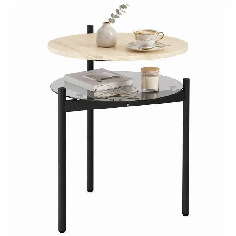 Round side table with open glass shelf for small spaces, living room, bedroom, 41.8 x 39.8 x 53.5 cm, oak
