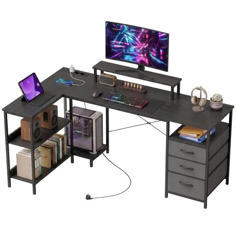 L-Shaped Desk with Drawers and Shelves