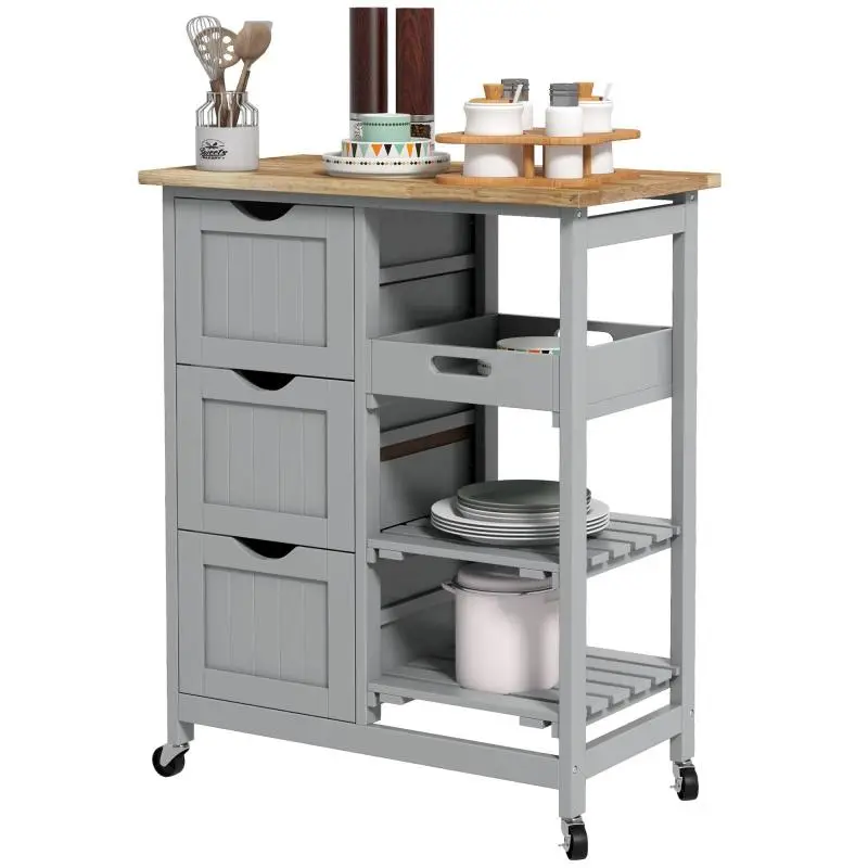 Kitchen Trolley with Wooden Worktop, 67 cm