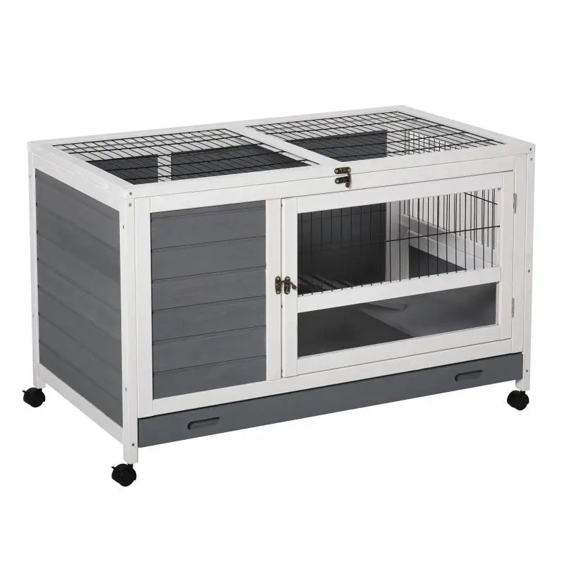 Grey Wooden Rabbit Hutch with Wheels