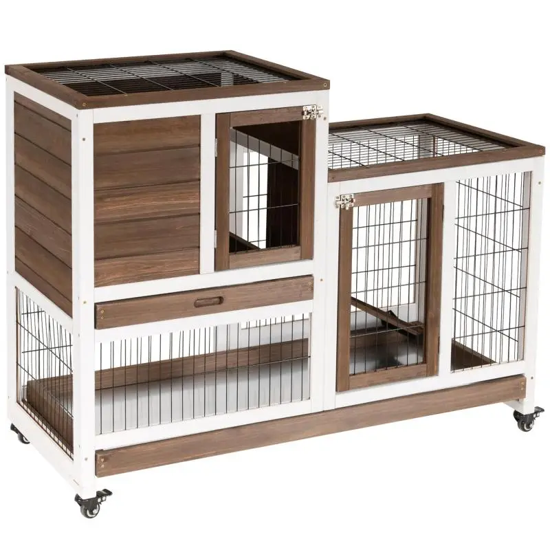 Wooden Rabbit Hutch with Wheels, Pull-out Trays, and Hutch House, 110x50x88cm, Brown and White