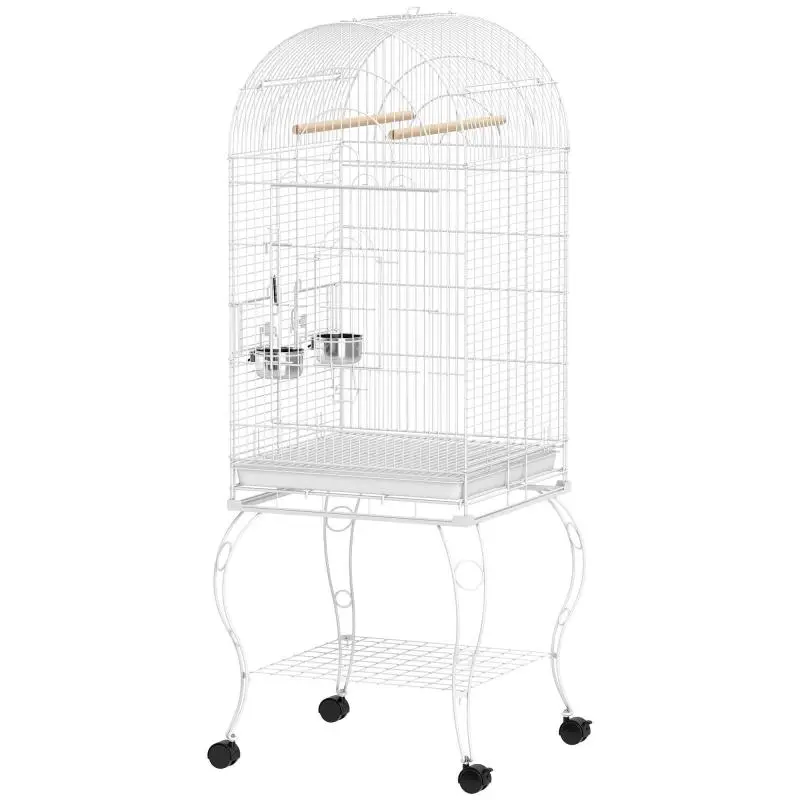 White Bird Cage with Wheels and Shelf