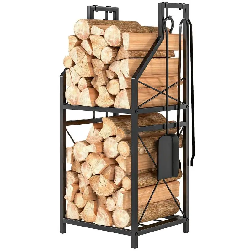 Metal Firewood Rack with 4 Tool Hooks, Black