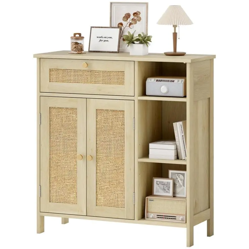 Sideboard with Rattan Doors, Drawer and Open Compartments