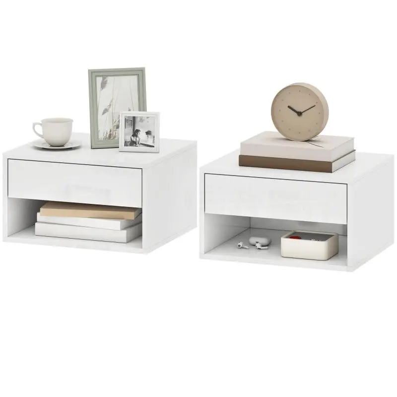 Set of 2 Floating Bedside Tables, 37 cm, Gloss White