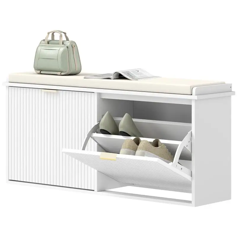 Shoe Bench with Padded Seat and 2 Tilt-Out Drawers, White