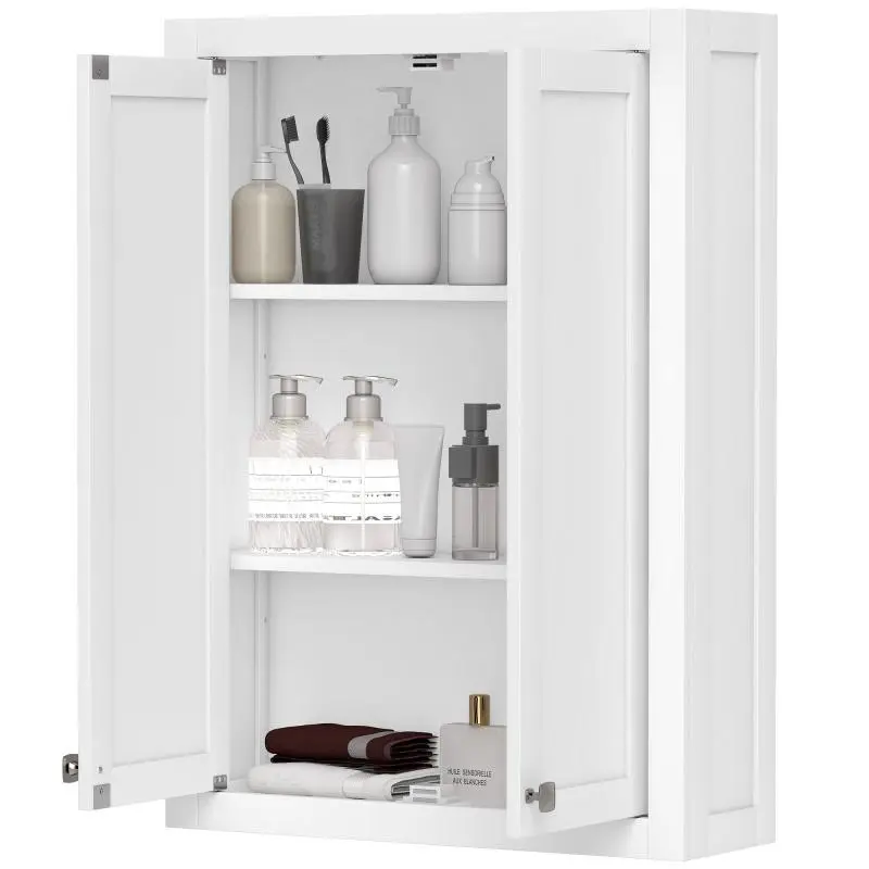 3-Tier Bathroom Wall Cabinet, Hanging Storage Unit with 2 Doors and Adjustable Shelf, 61 x 20 x 84 cm, White