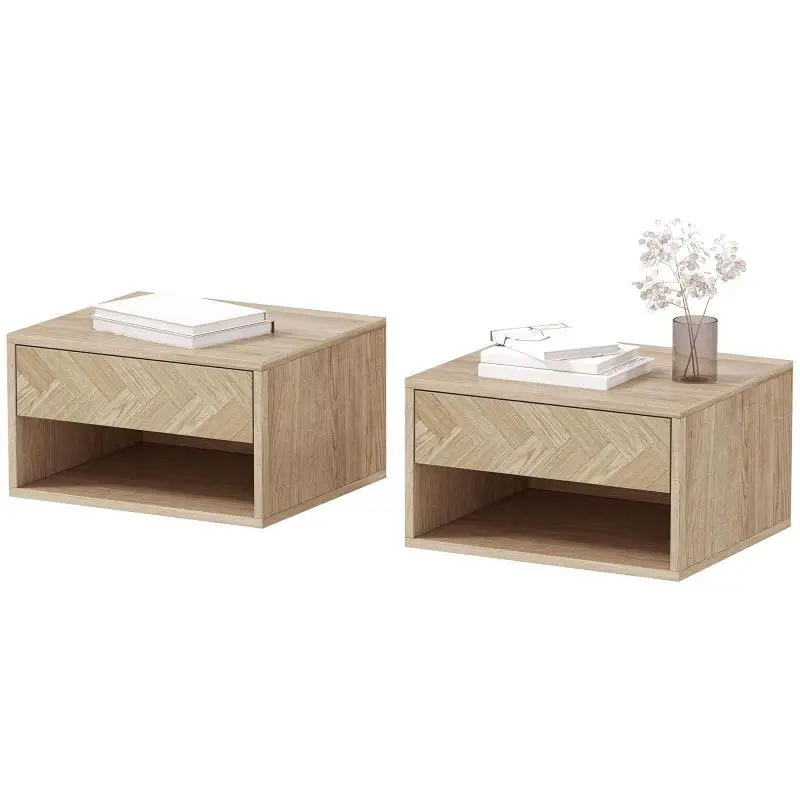 Set of 2 Wall-Mounted Bedside Tables, Natural Wood