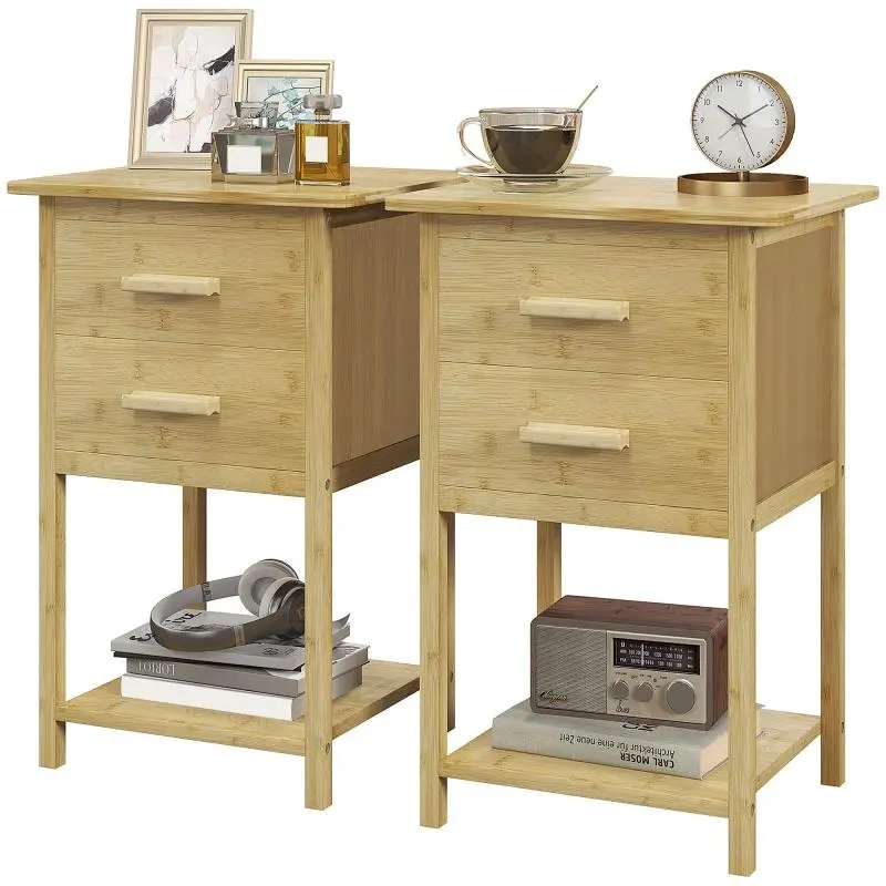 Set of 2 Bamboo Bedside Tables with 2 Drawers and Shelf