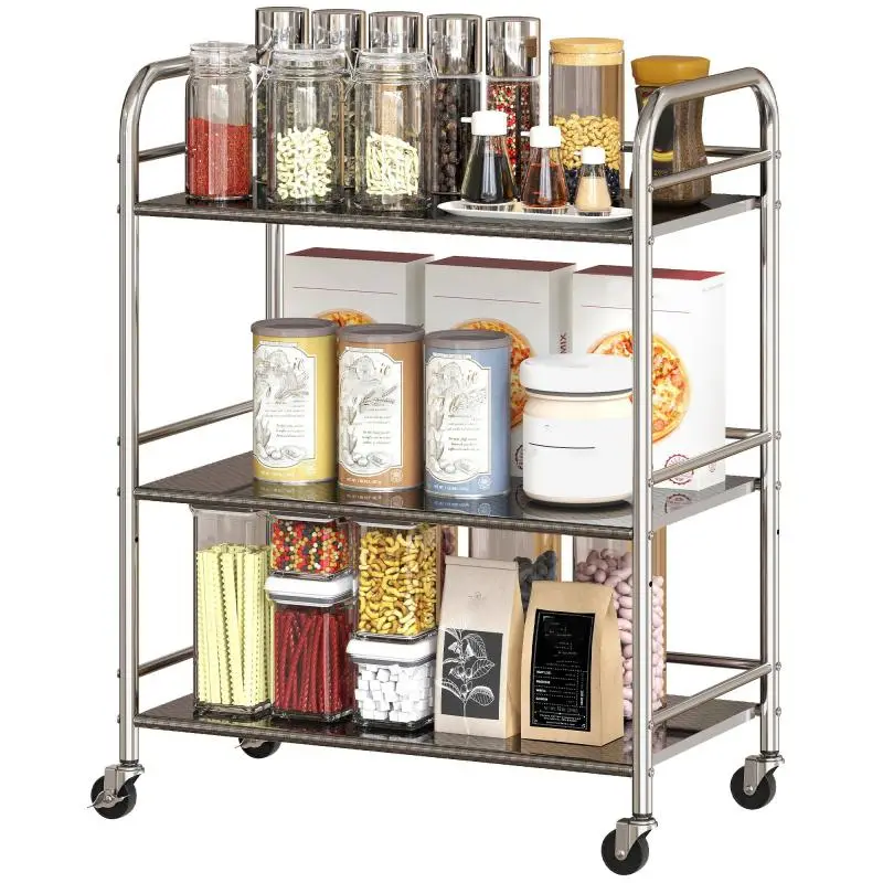3-Tier Kitchen Trolley with Wheels, Silver