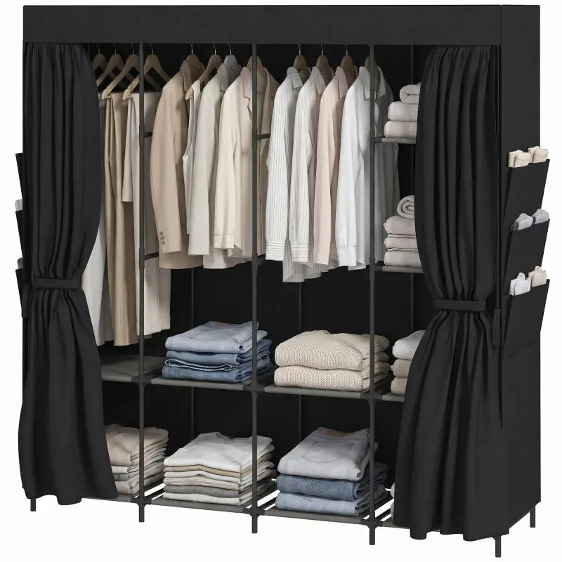 Fabric Wardrobe with 5 Hanging Rails, 170 cm, Black