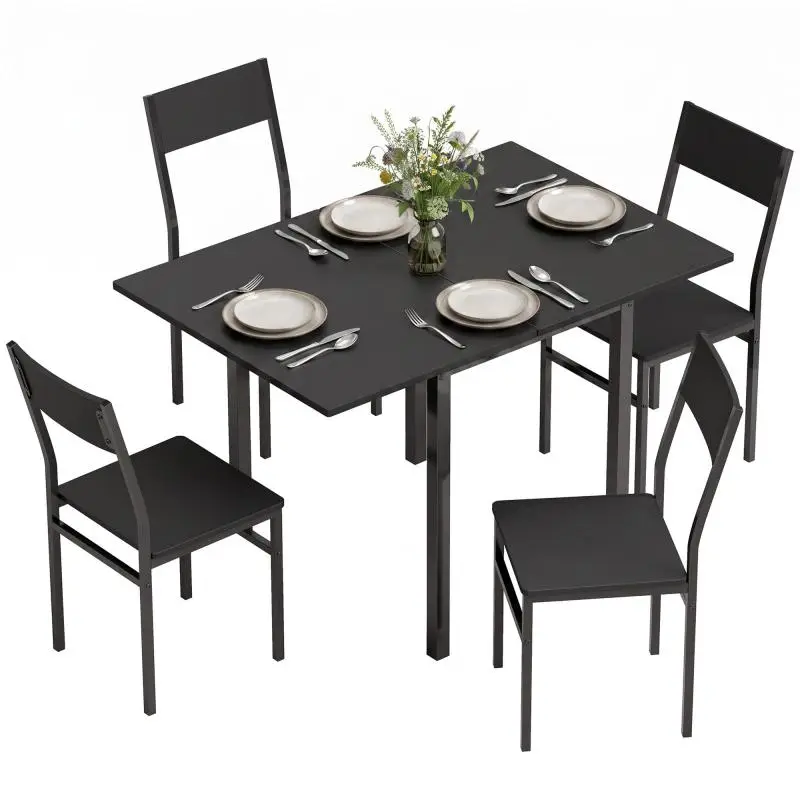 Extendable Dining Set with 4 Stackable Chairs, Black