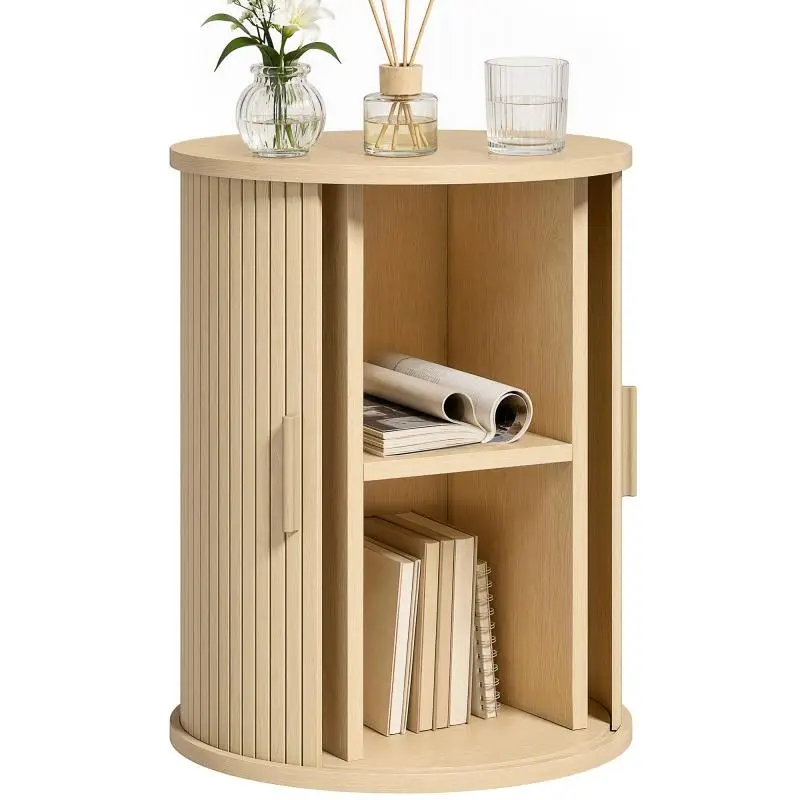 Round Fluted Bedside Table with Sliding Door