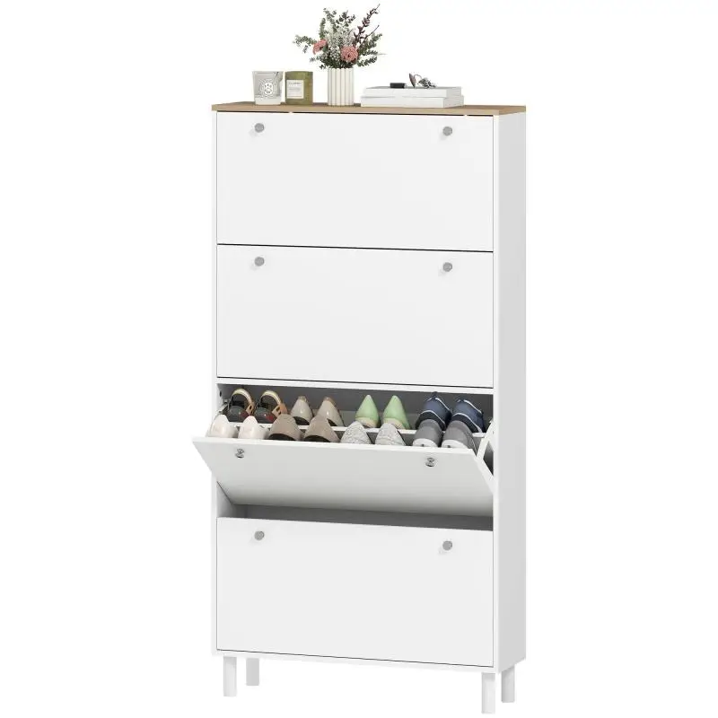 Shoe Cabinet with 4 Tilt-Out Drawers, White