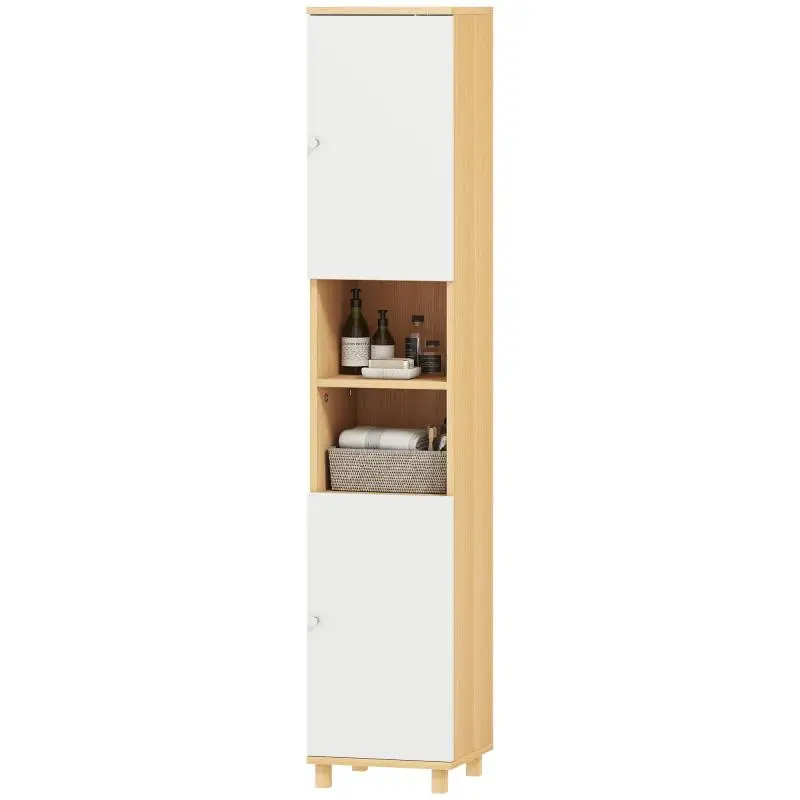Tall Bathroom Cabinet with Open Shelves, White and Wood