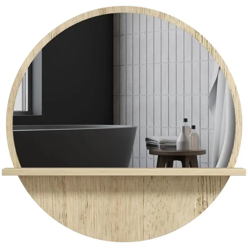 Round Wall-Mounted Bathroom Mirror with Shelf