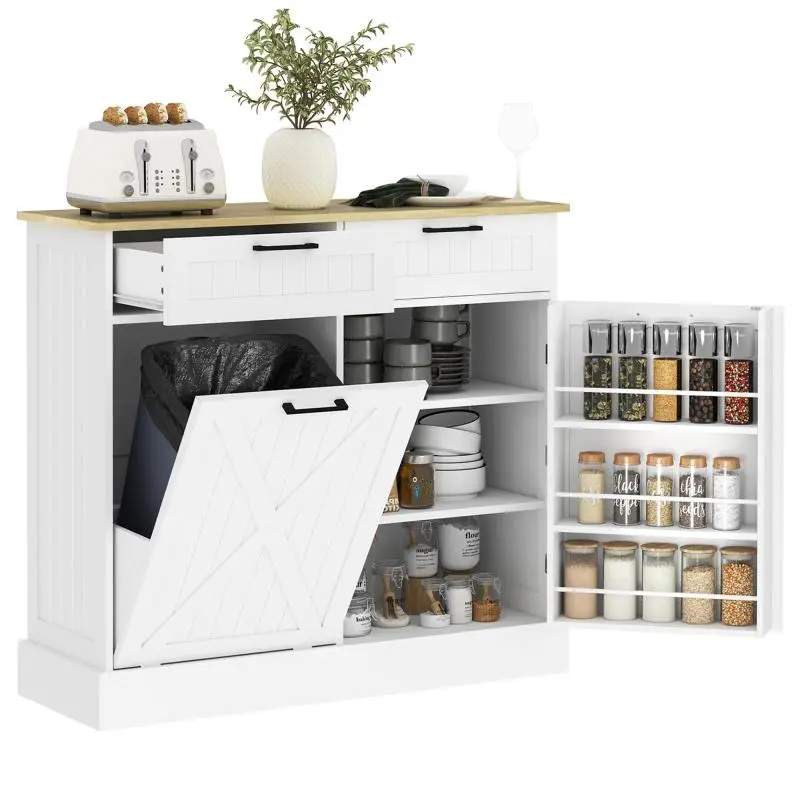 Kitchen Sideboard with Trash Bin Cabinet, White