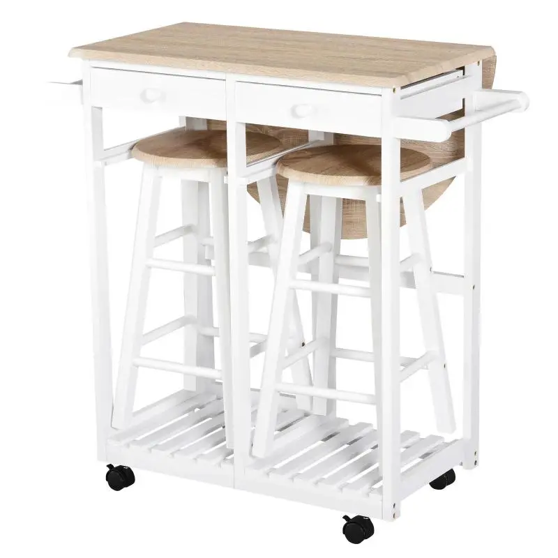 Foldable Bar Table Set on Wheels with Shelf and 2 Stools