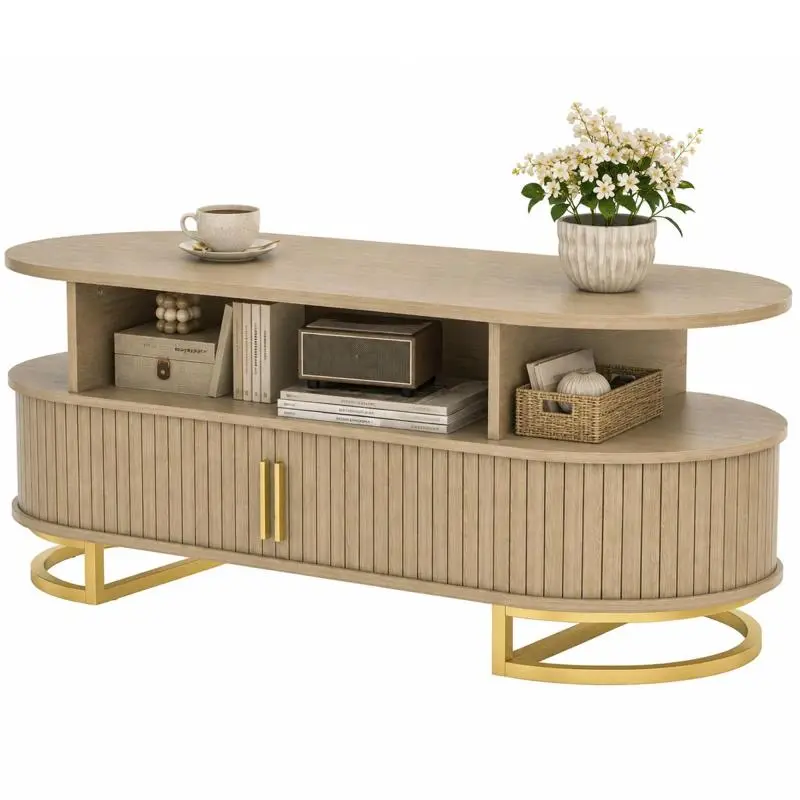 Oval Coffee Table with Sliding Tambour Door, Oak