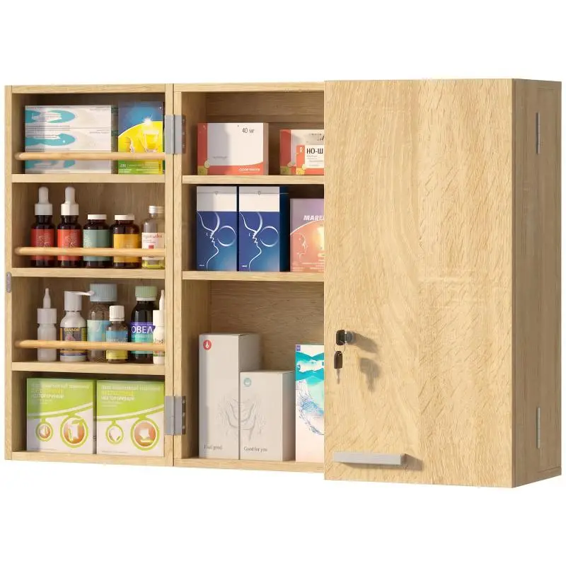 Wall-Mounted Medicine Cabinet with Lock, Oak