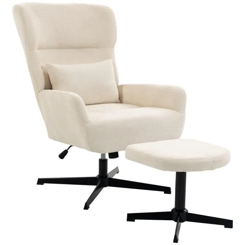 360 Degrees swivel lounge chair with ottoman, height-adjustable, chenille upholstery, with lumbar pillow, cream white